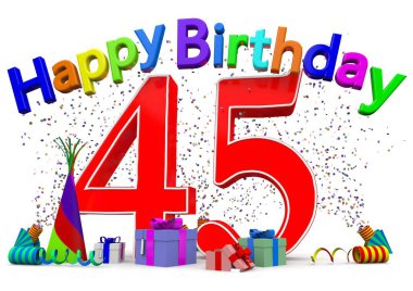 A big number with presents, confetti and the lettering Happy Birthday