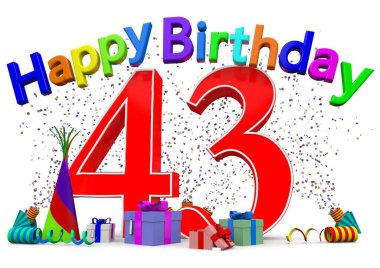 A big number with presents, confetti and the lettering Happy Birthday