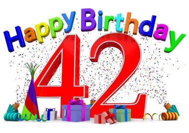 A big number with presents, confetti and the lettering Happy Birthday