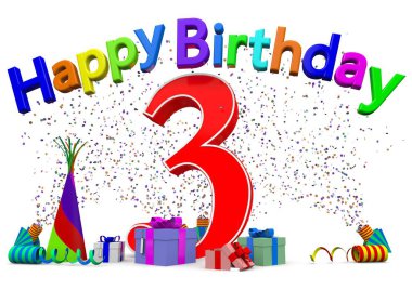 A big number with presents, confetti and the lettering Happy Birthday