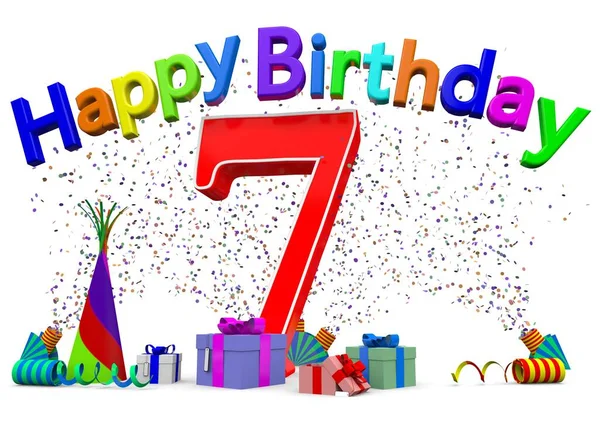 A big number with presents, confetti and the lettering Happy Birthday