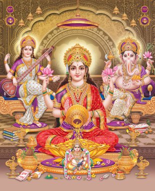 Lord Laxmi, Lord Ganesha, Lord Saraswati renkli arka plan duvar kâğıdı, Diwali Pooja poster tasarımı duvar kağıdı.