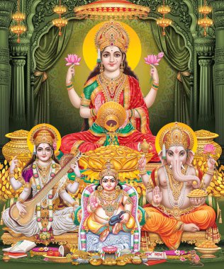 Lord Laxmi, Lord Ganesha, Lord Saraswati renkli arka plan duvar kâğıdı, Diwali Pooja poster tasarımı duvar kağıdı.