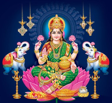 Mavi arka planda iki filli Hindu tanrıçası tanrı lakshmi 'nin tasviri