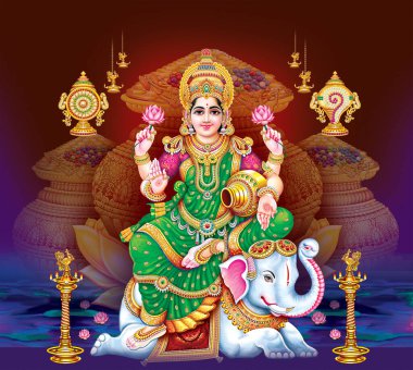 Hindu tanrıçası tanrı lakshmi 'nin soyut bir geçmişi olan fil üzerindeki resmi.