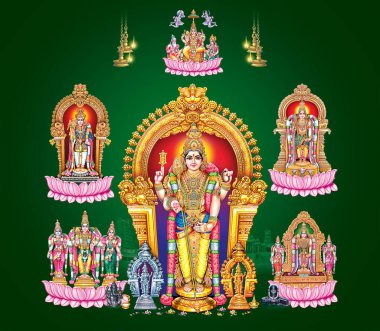 lord murugan with his six war houses on a green background clipart