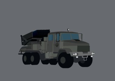 illustration of multiple rocket launcher with ukrainian trident symbol isolated on grey  clipart
