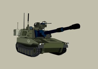 illustration of military vehicle with Ukrainian trident symbol isolated on gray  clipart