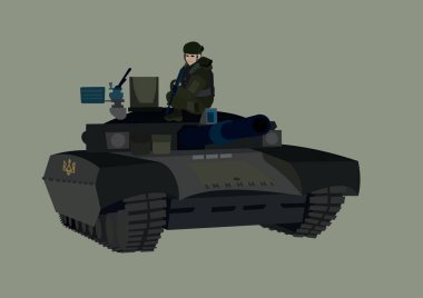 illustration of female defender in Ukrainian military tank isolated on grey  clipart