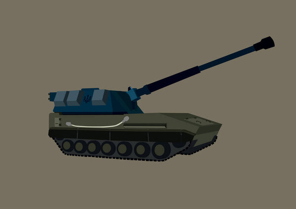 illustration of self-propelled howitzer with Ukrainian trident symbol isolated on grey 