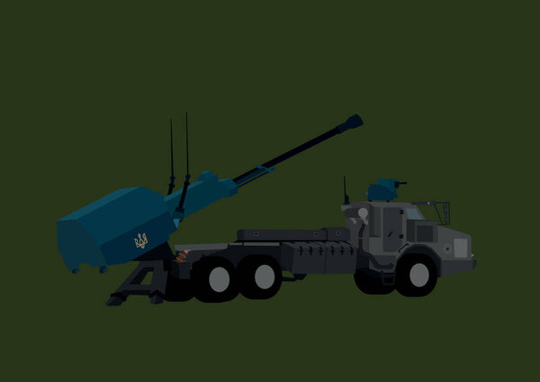 illustration of archer artillery system with Ukrainian trident symbol isolated on green 