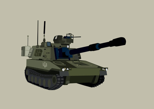 illustration of military vehicle with Ukrainian trident symbol isolated on gray 