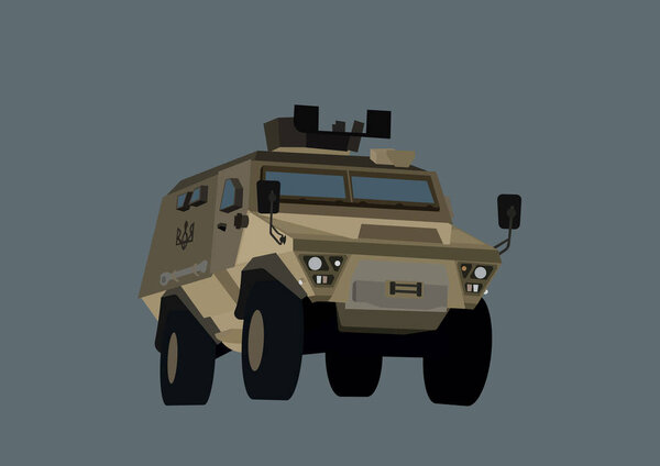 illustration of bastion armored vehicle with Ukrainian trident symbol isolated on grey 