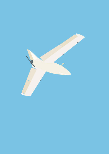 Иллюстрация белого бивого дрона, летящего изолированно на голубом 