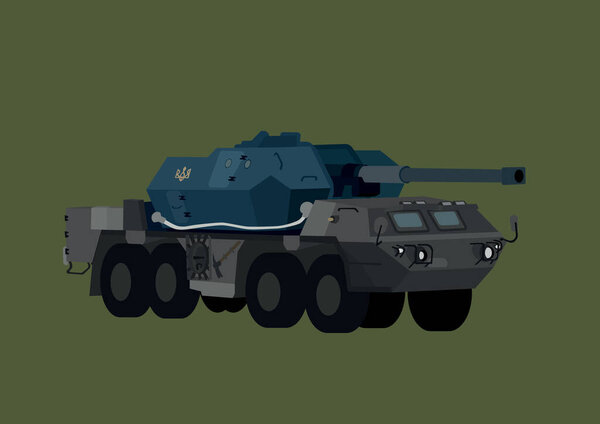illustration of military armored vehicle with Ukrainian trident symbol isolated on green 