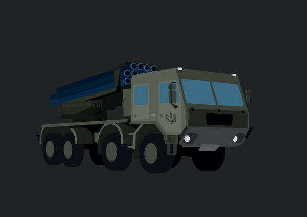 illustration of military hurricane vehicle with Ukrainian trident symbol isolated on grey 
