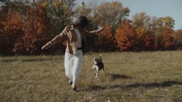 幸せな女性は彼女のビーグル犬と遊ぶ 公園を走る スポーツ健康幸せな家族の子供の夢のコンセプト 公園内で自然の中を走るビーグル キエフ2019スローモーション — ストック動画