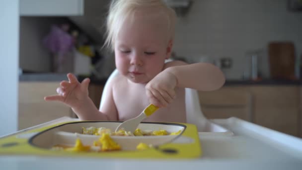 Grappig Klein Meisje Baby Eet Met Haar Handen Eten Door — Stockvideo