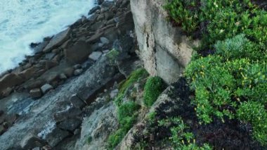 Portekiz 'deki Atlantik Okyanusu' nun dalgalarının arka planında dik uçurum. Slow Motion 4k görüntüleri