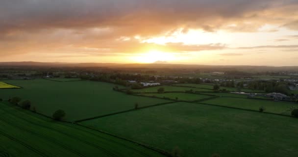 Arial Pôr Sol Dourado Sobre Campos Amarelo Verdes Irlanda Pôr — Vídeo de Stock