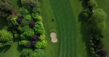 Havadan. Profesyonel ekipmanlı özel personel golf sahası hazırlıyor, yeşil çimen kesiyor, yeni golf delikleri açıyor, yeni av sezonu için sığınaklardaki kumu temizliyor. Yüksek kalite 5k görüntü