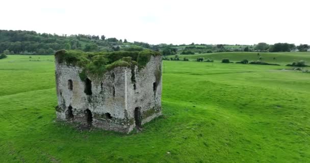 无人机 被毁的城堡格伦南城堡盎格鲁 诺曼塔圆形全景 爱尔兰Thomas Town — 图库视频影像