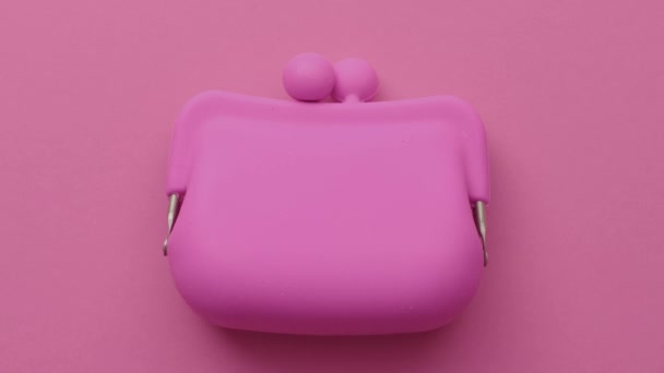ピンクのコイン財布はピンクの背景にあります ピンクのコイン財布はピンクの背景にあります — ストック動画