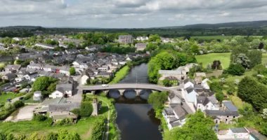 Havadan. İrlanda 'da Nore nehrinin kıyısında eski güzel bir kasaba. Thomastown, County Kilkenny 'deki Nore Nehri üzerinde yer alır. Soldaki Thomastown Kalesi 'nin kalıntıları. Yüksek kalite 5k görüntü