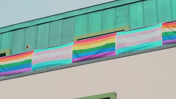 Bandera Lgbt Multicolor Edificio Casa Bandera Orgullo Gay Lgbt Ondeando — Vídeo de stock