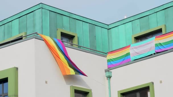 Una Bandera Lgbt Multicolor Edificio Oficinas Bandera Orgullo Gay Lgbt — Vídeo de stock
