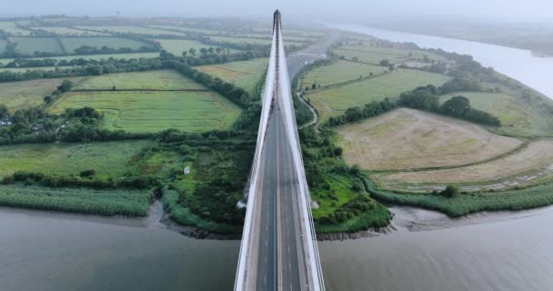 Aerial Flying Huge White Rope Bridge Ireland Cable Stayed Bridge — Stock Video