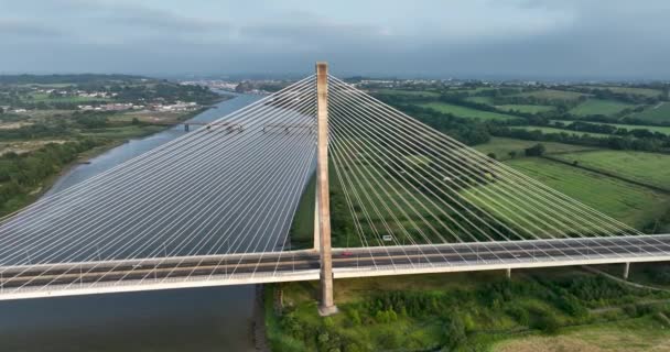 托马斯 弗朗西斯 迈格尔桥的空中景观 爱尔兰Tipperary县令人振奋的无人驾驶飞机飞行雾 爱尔兰Suir河上的斜拉桥 沃特福德高质量的4K镜头 — 图库视频影像