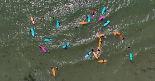 Pionowe Opowieści Widok Góry Plaży Surferami Ćwiczącymi Falach Przy Piasku — Wideo stockowe