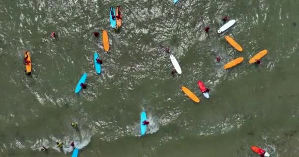 Powietrza Widok Góry Plaży Surferami Ćwiczącymi Falach Przy Piasku Koncepcja — Wideo stockowe