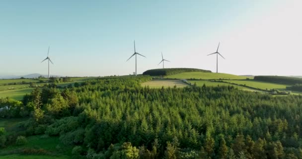 高層ビルの美しい青空でエネルギー生産のための風車農場の空中ビュー 持続可能な開発のためのクリーンな再生可能エネルギーを生み出す風力タービン アイルランド — ストック動画