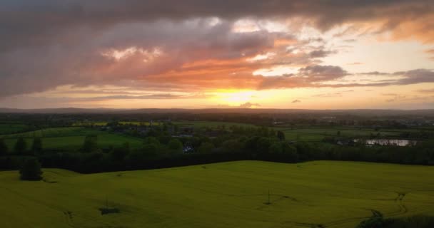 Drón Csodálatos Naplemente Írország Sárga Zöld Mezői Felett Gyönyörű Naplemente — Stock videók