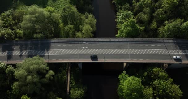 川やアイルランドの絵のような木々やフィールドの空中ビュー 光の車も川の上の風光明媚な橋の上に駆動します アイルランド キルケニー2023年 高品質のショット5K — ストック動画