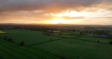 Arial. İrlanda 'nın sarı-yeşil tarlalarının üzerinde altın gün batımı. Sinematik Günbatımı 5k