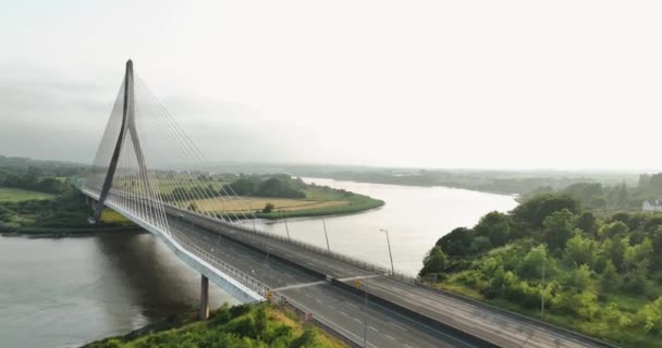 托马斯 弗朗西斯 迈格尔桥的空中景观 爱尔兰Tipperary县令人振奋的无人驾驶飞机飞行雾 爱尔兰Suir河上的斜拉桥 沃特福德4K镜头 — 图库视频影像