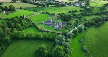 Dairesel bir manzara. İrlanda 'da yeşil bir vadi ve nehir zeminine karşı antik bir kale kurulmuş. Çevrede resim gibi doğa, yeşil ağaçlar Kells Manastır Kilkenny 4k