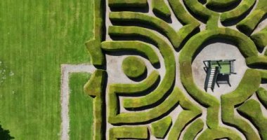 Havadan, parktaki yeşil labirent, yukarıdan insansız hava aracı. Dunbrody Abbey Bahçesi. Castle bahçesi karmaşık bir porsuk labirenti için dinlenme yeridir. Wexford, İrlanda, 5k görüntü