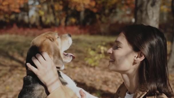 一个笑着的年轻女人抓着她的小猎犬狗 真正的爱的概念 狗是人类最好的朋友 爱猎犬 基辅2019慢动作120 — 图库视频影像