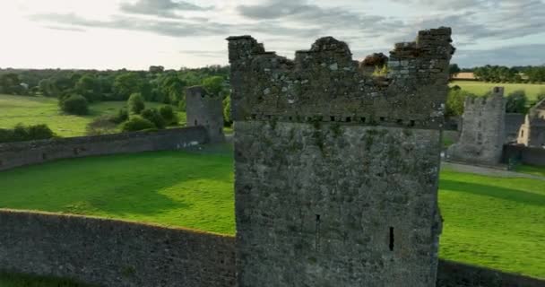 飞过中世纪的城墙 塔顶着一片片绿色的羊群 爱尔兰的一座古城堡 背景为绿色的山谷和河流 Kells Priory Kilkenny Ireland — 图库视频影像