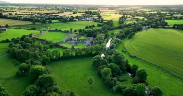 Letecký Zřícenina Hradu Století Irsku Pozadí Malebného Údolí Řekou Zelenými — Stock video