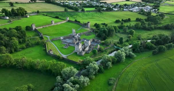 通缉令从绿地和开花的树木中可以看到爱尔兰城堡的广阔遗迹 11世纪城堡Kells Priory — 图库视频影像