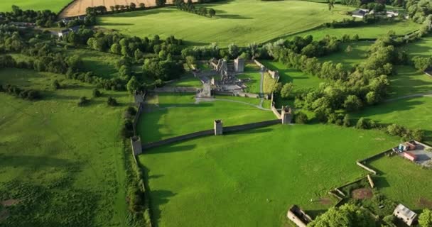 爱尔兰的一座古城堡 背景为绿色的山谷和河流 环绕着风景如画的大自然 绿树敲响了基尔肯尼4K附近这个历史性地标的警钟 — 图库视频影像