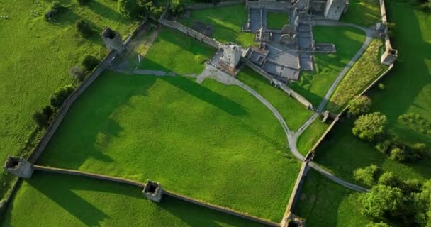 爱尔兰的一座古城堡 背景为绿色的山谷和河流 环绕着风景如画的大自然 绿树摇曳着这座位于基尔肯尼5K附近的具有历史意义的地标 — 图库视频影像