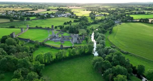 Aerial Ancient 11Th Century Castle Ireland Extensive Remains Priory Fortified — Stock Video