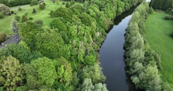 Luchtfoto Van Rivier Nore Achtergrond Van Pittoreske Bomen Weiden Landschap — Stockvideo
