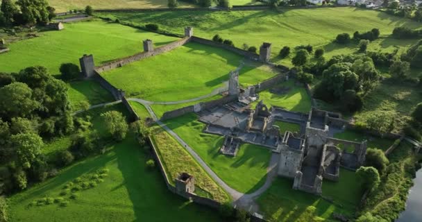 通缉令令人难以置信的11世纪城堡遗址景观 在绿地和绿树的背景下被毁 这条河沿河流过爱尔兰 告诉了修道院4K — 图库视频影像